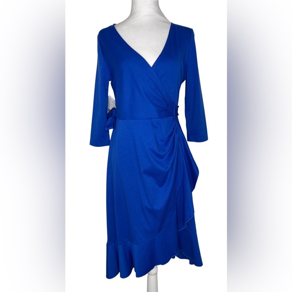 NWT Whimsy Wrap Dress Cobalt Blue Ruffle Hem Flowy 3/4 Sleeves Size Small - Picture 2 of 11